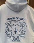 White hoodie with 'Armor of God' design on the back