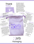 Purple packaging pouch with 'srb' branding and text on a white background