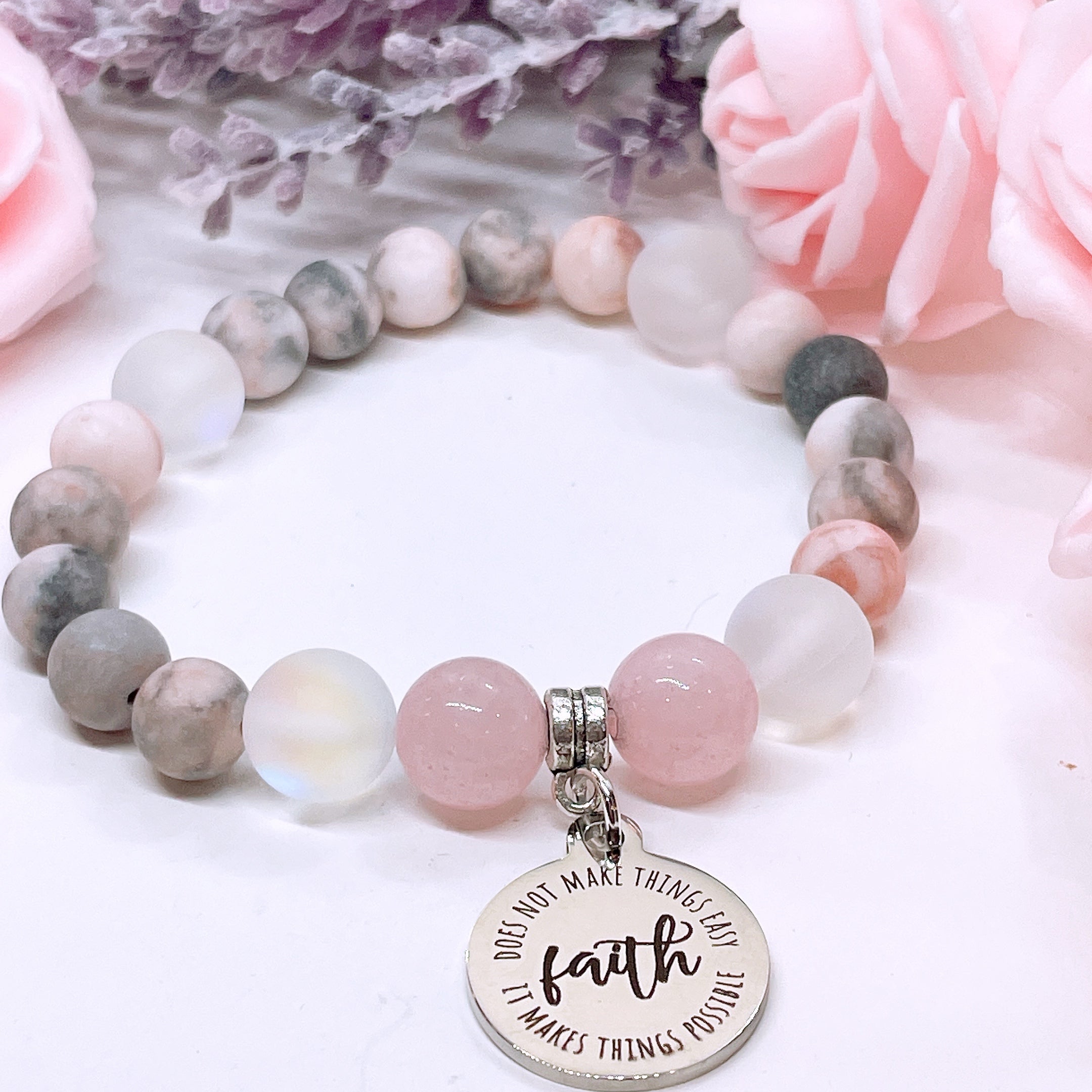 Faith Does Not Make Things Easy, It Makes Things Possible Charm Bracelet Rose Quartz