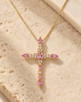 Blooming Grace Gold Pink Crystal Cross Necklace
