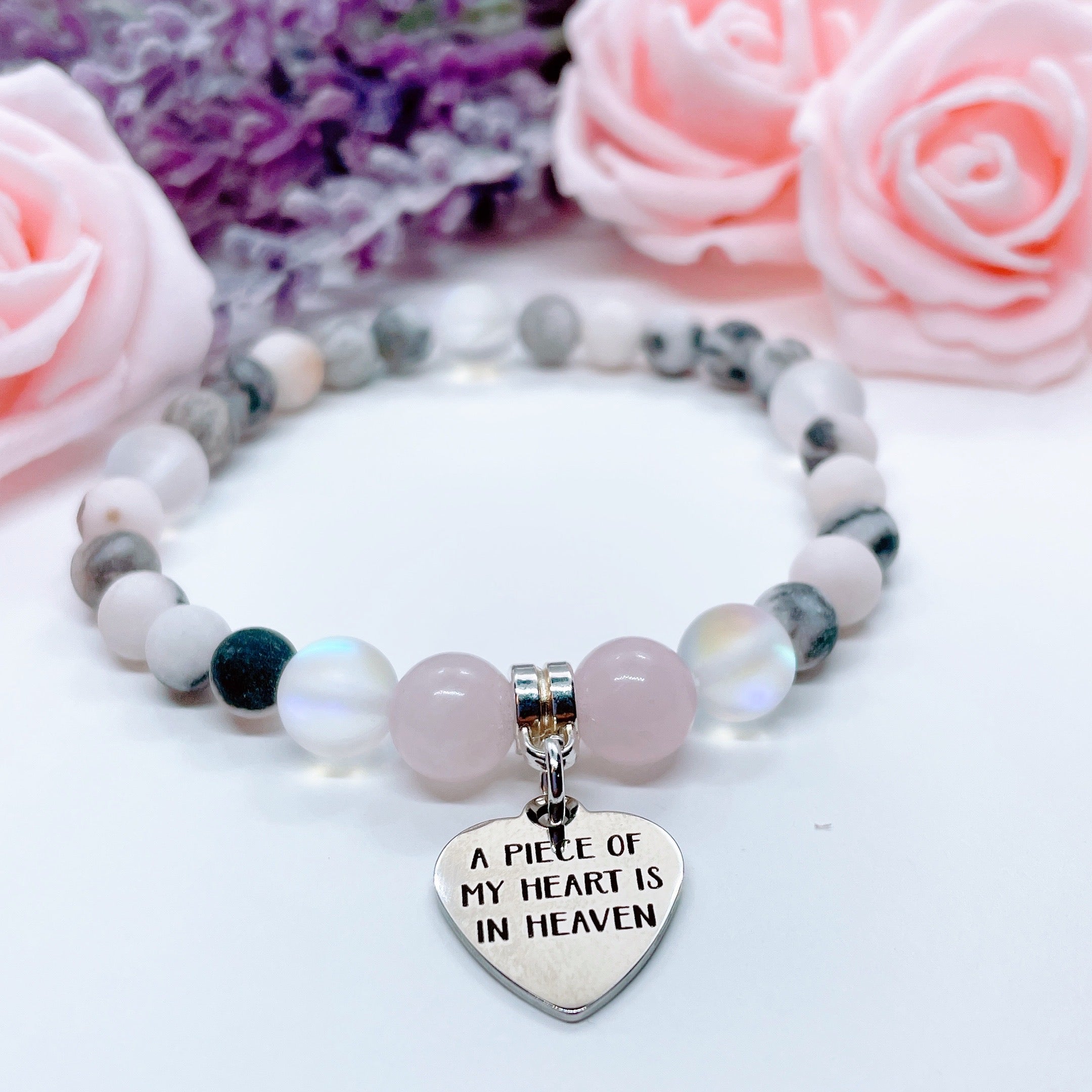 A Piece of my Heart is in Heaven Companion Charm Bracelet Rose Quartz