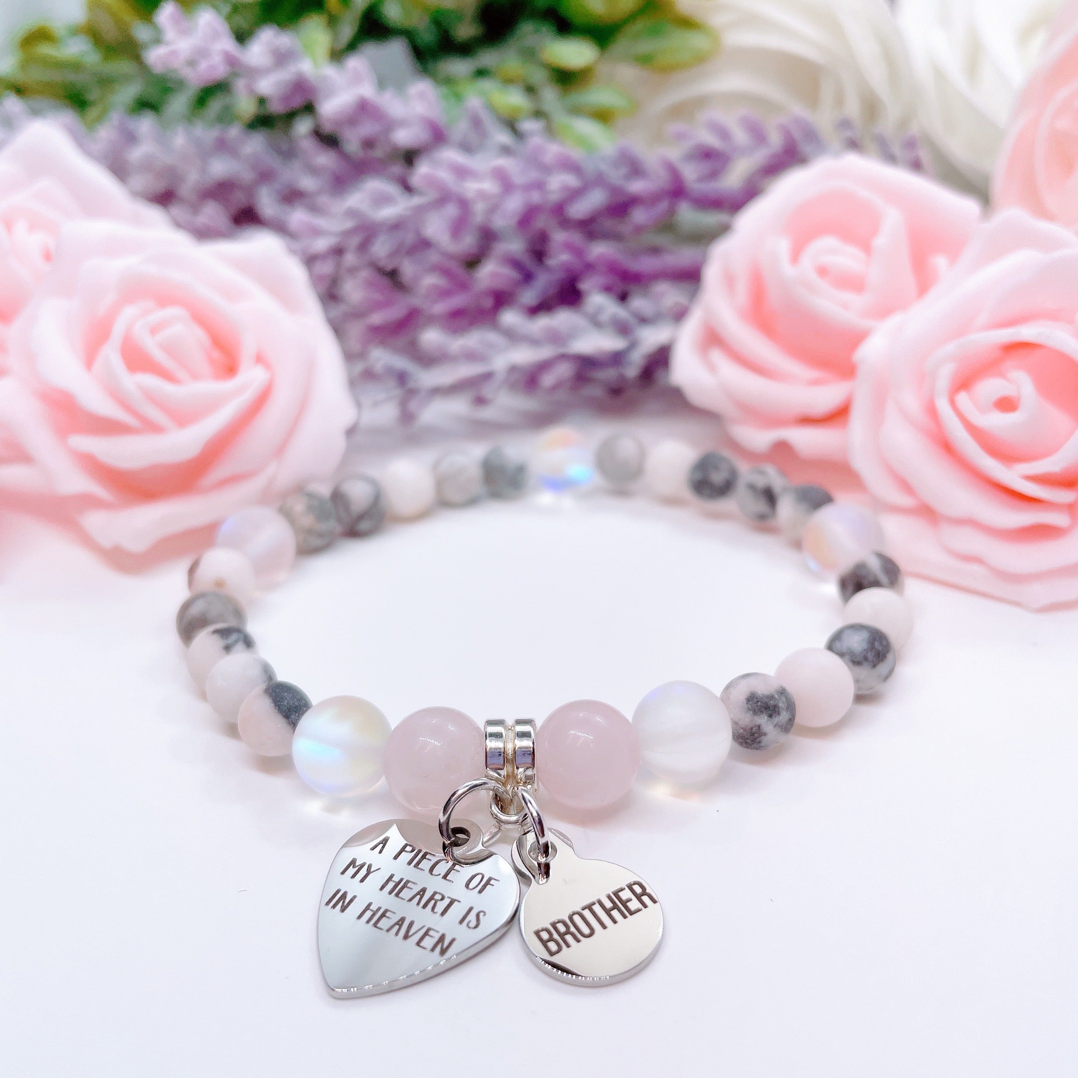 Brother: A Piece of my Heart is in Heaven Heart Companion Charm Bracelet Rose Quartz