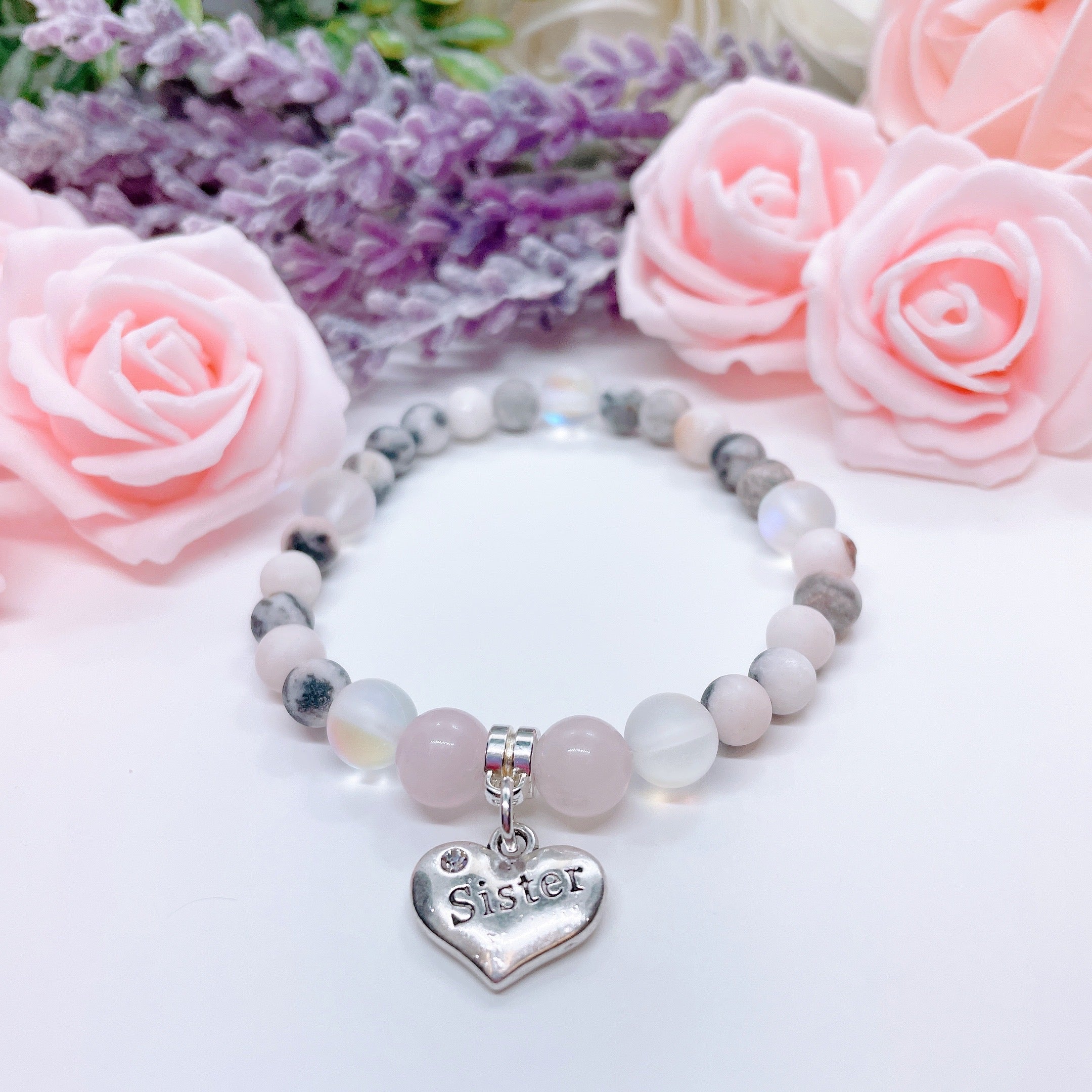 Sister Heart Companion Charm Bracelet Rose Quartz