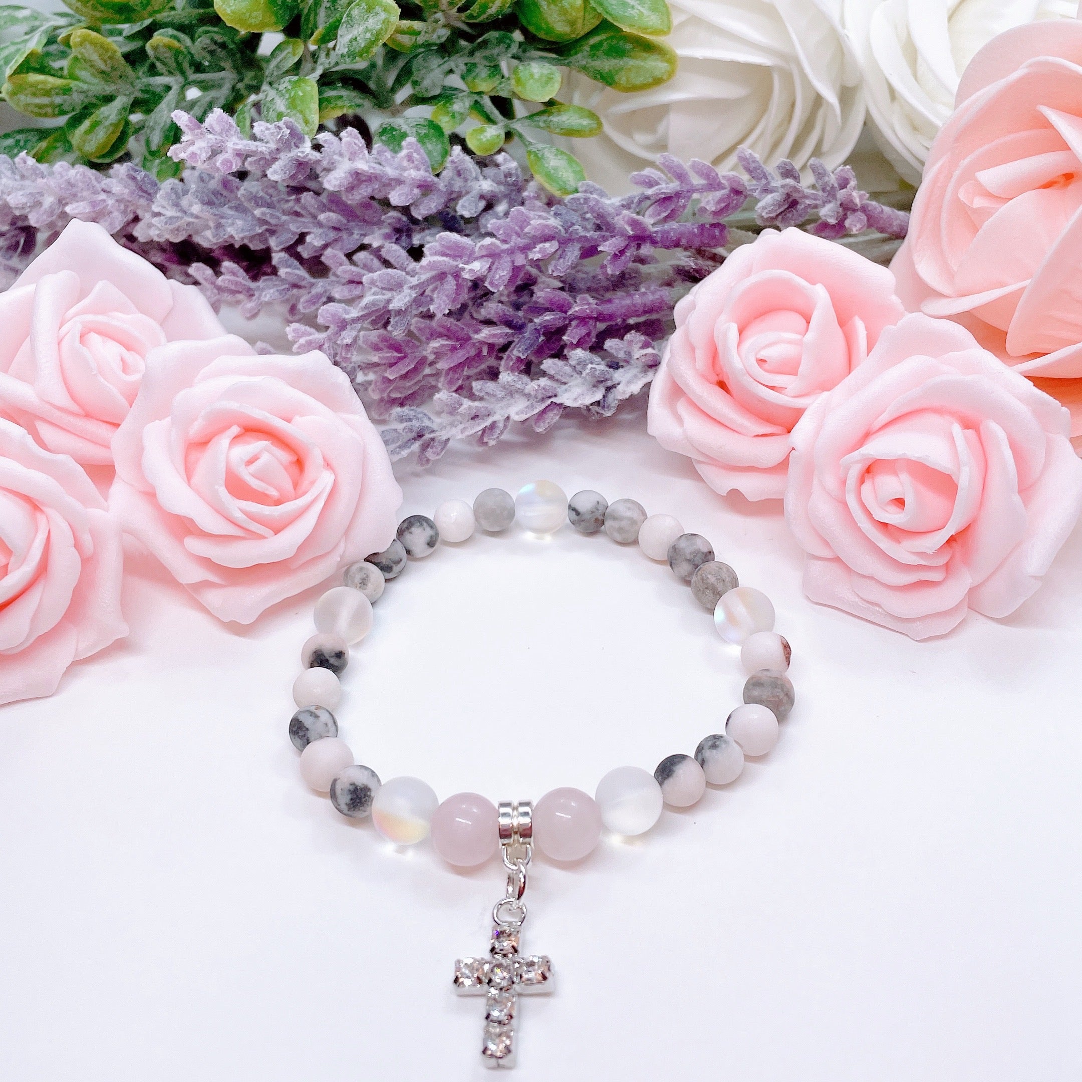 Rhinestone Cross Companion Charm Bracelet Rose Quartz