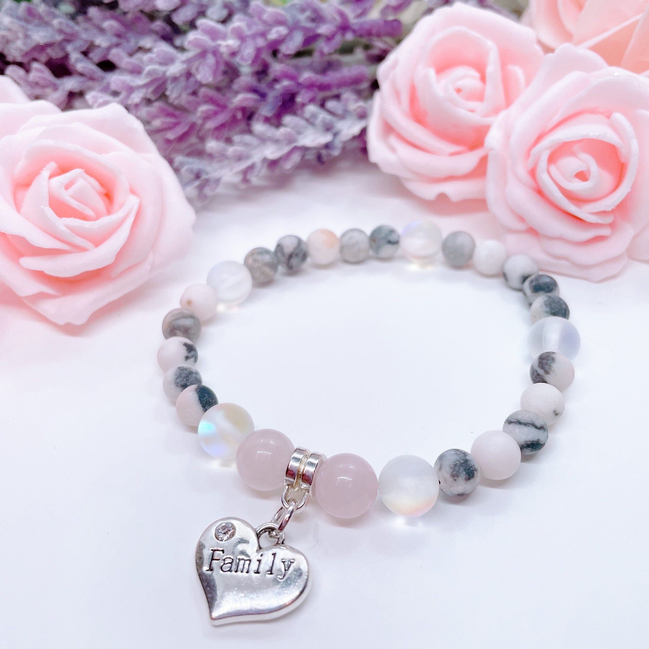 Family Heart Companion Charm Bracelet Rose Quartz