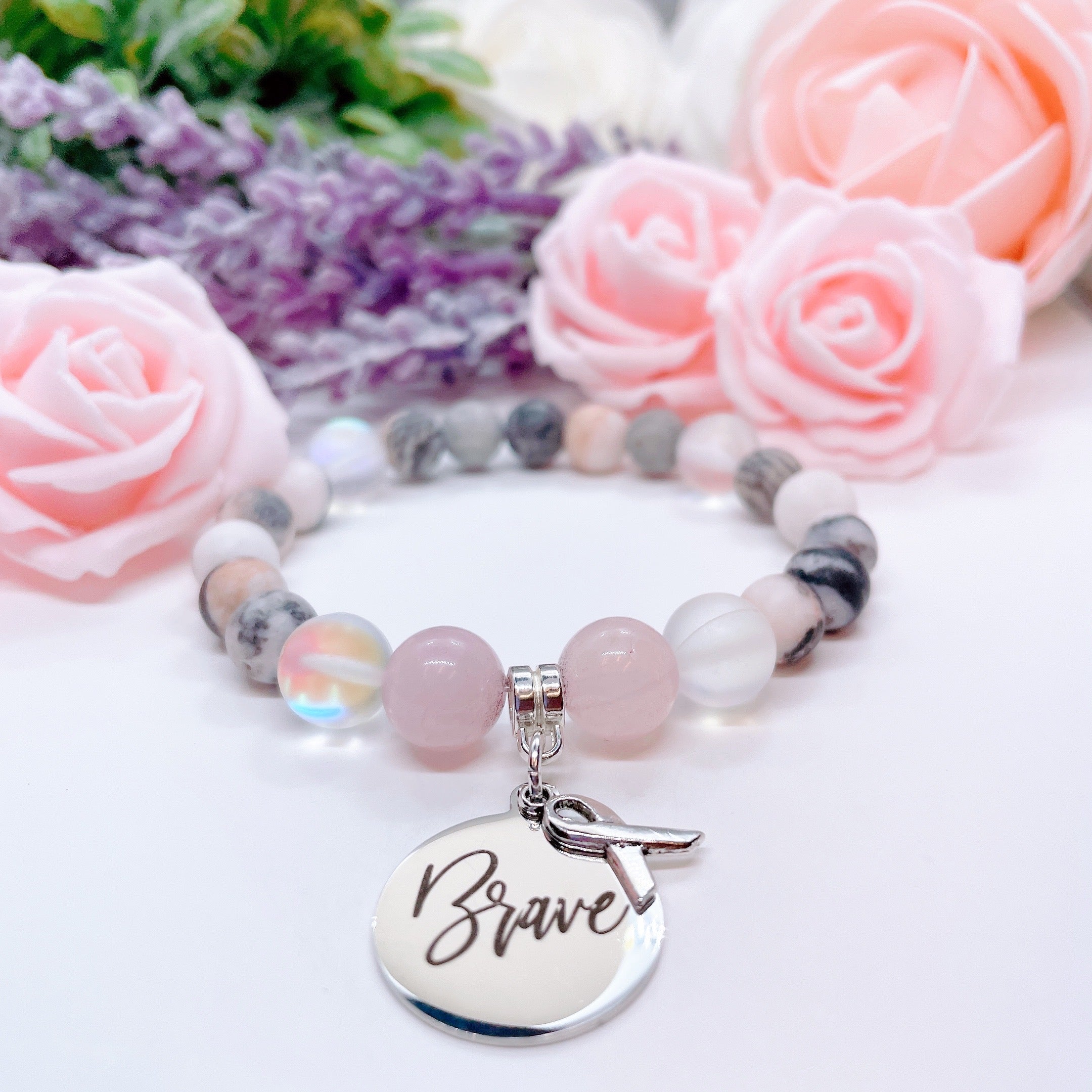 Brave with Cancer Charm Bracelet Rose Quartz