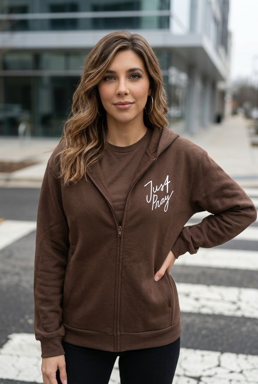 Just Pray Brown Zip-Up Hoodie | Christian Zip Hoodie – 5 Second