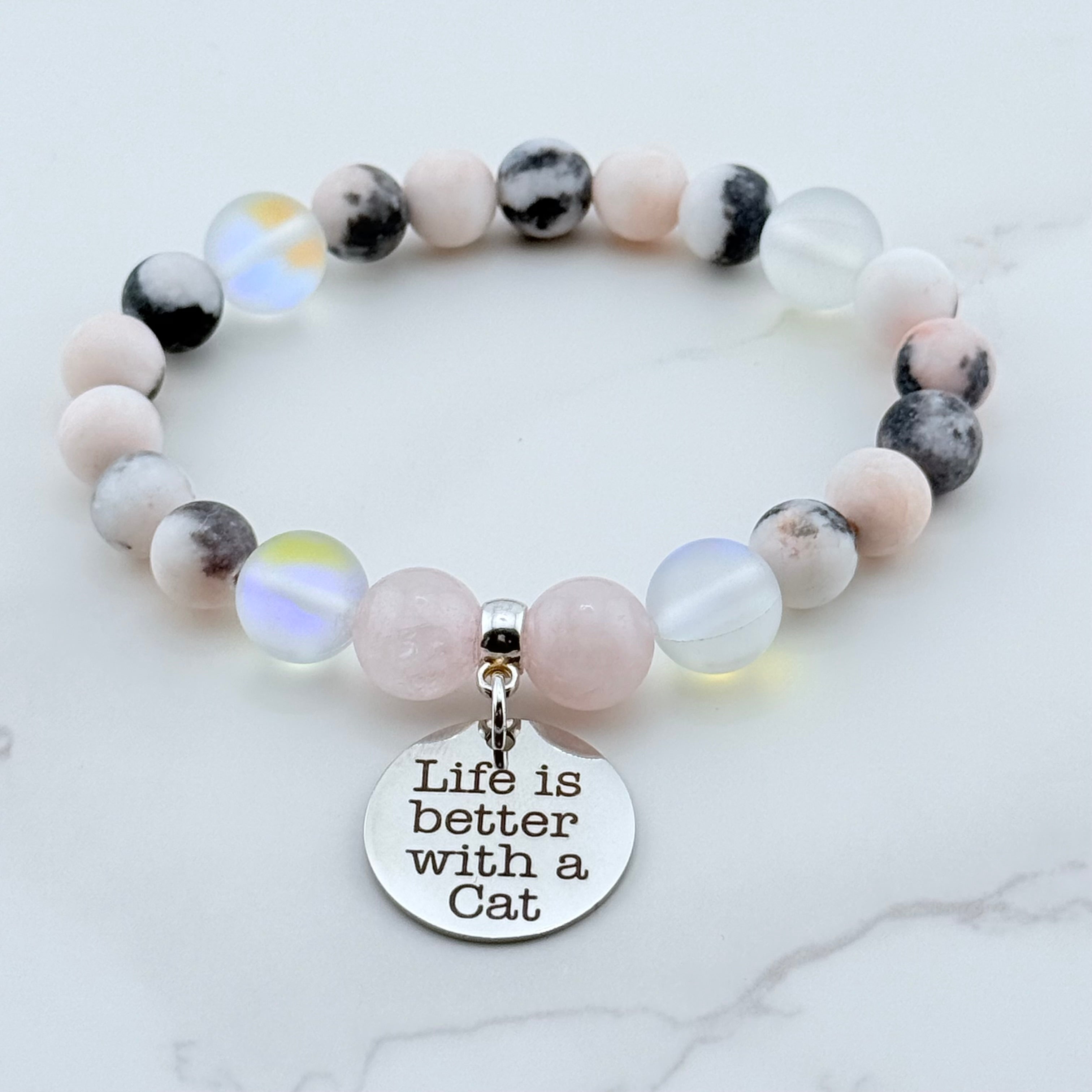 Life is Better with a Cat Classic Charm Bracelet Rose Quartz