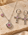 Held in His Love Silver Pink Heart Necklace & Cross Earring Set