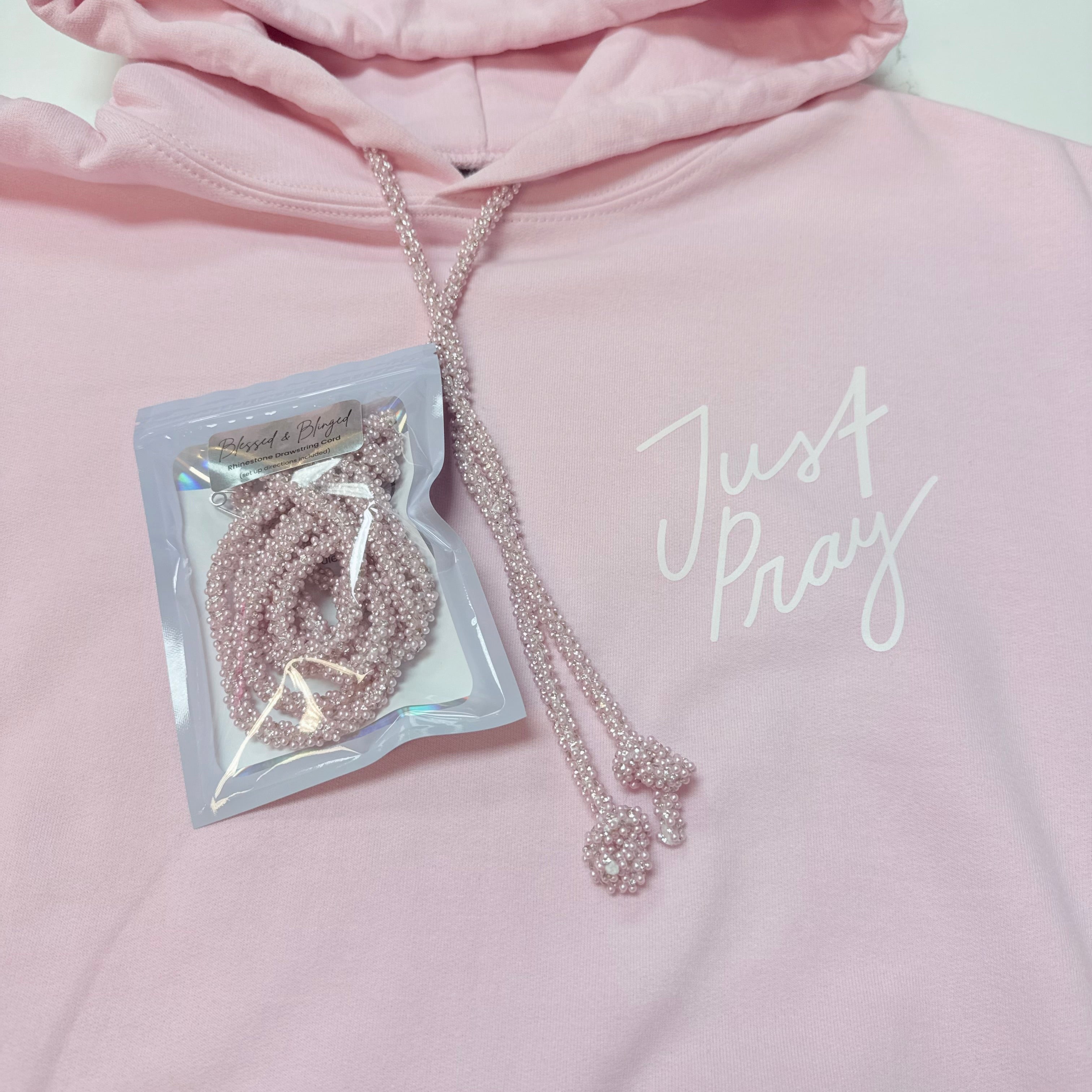 Pink Pearl Rhinestone Hoodie Cord, Blessed and Blinged Drawstring 