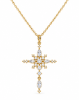 A gold cross pendant necklace adorned with clear marquise and round-cut stones, suspended from a delicate gold chain against a plain white background.
