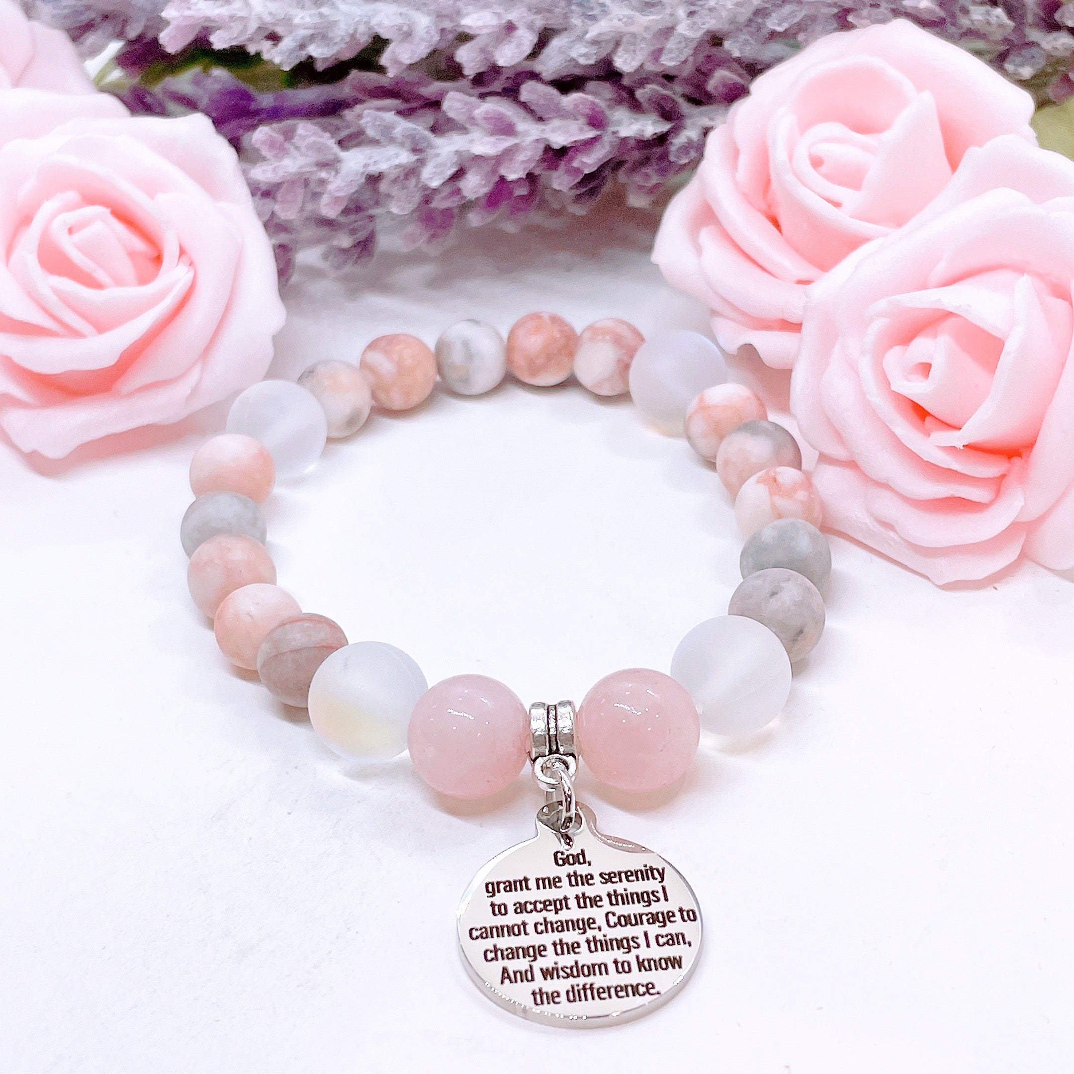 Serenity Prayer Charm Bracelet Rose Quartz