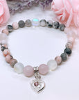 Silver Heart Pink Rhinestone Companion Charm Bracelet Rose Quartz