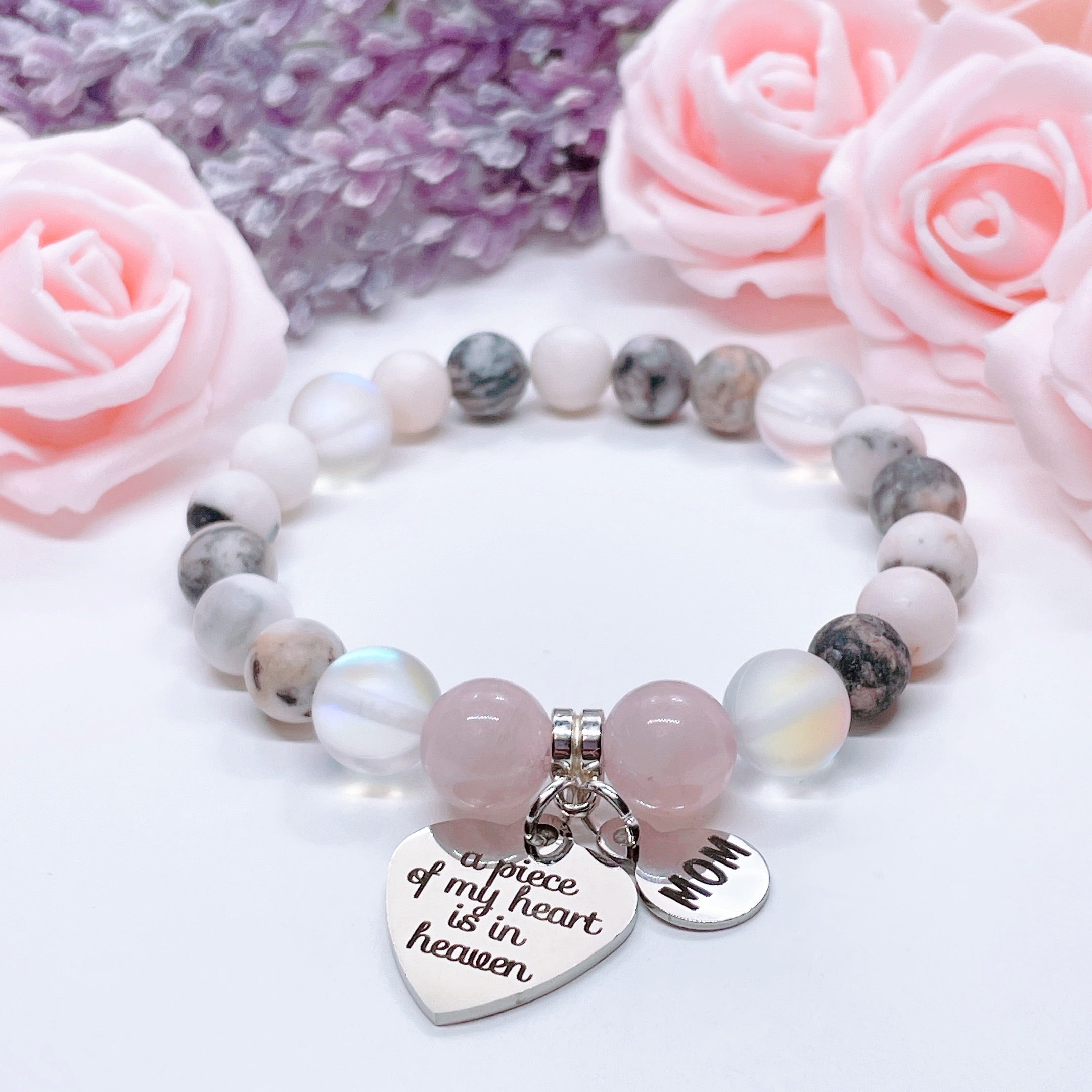 Mom: A Piece of my Heart is in Heaven Heart Classic Charm Bracelet Rose Quartz