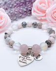 Mom: A Piece of my Heart is in Heaven Heart Classic Charm Bracelet Rose Quartz