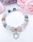 Rhinestone Heart Classic Charm Bracelet Rose Quartz