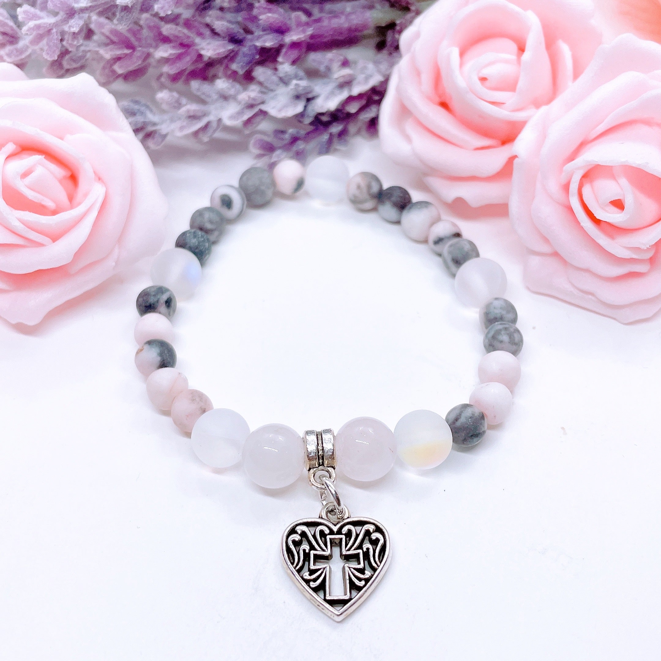Heart Hollow Cross Companion Charm Bracelet Rose Quartz