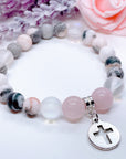 Silver Hollow Cross Classic Charm Bracelet Rose Quartz