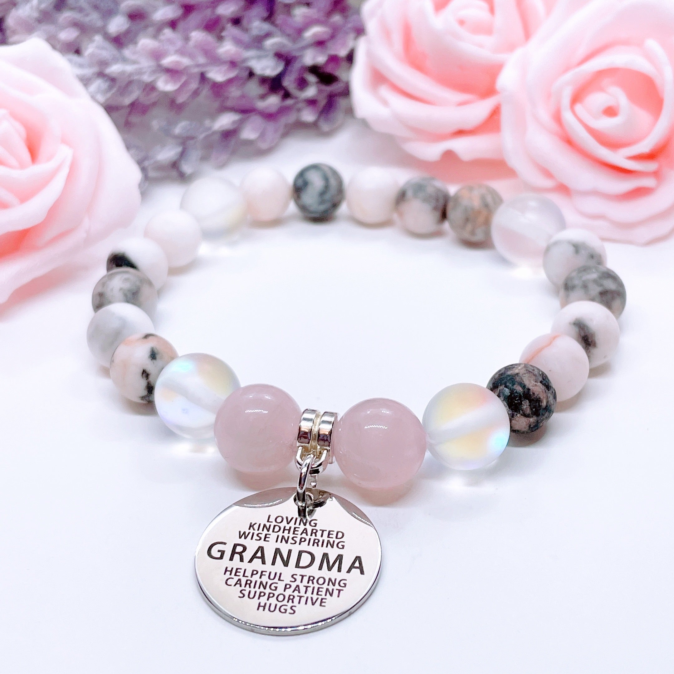 Grandma Sentiments Charm Bracelet Rose Quartz