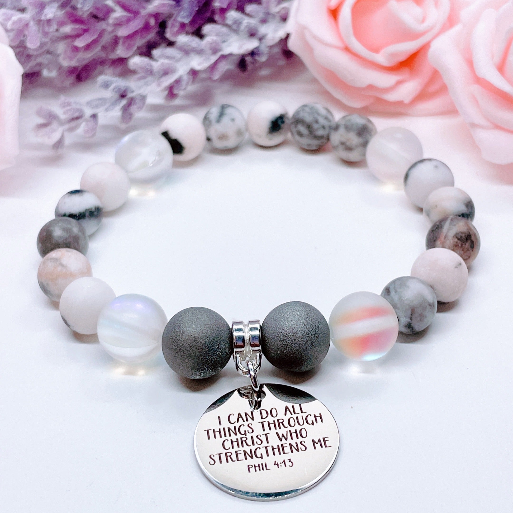 I Can do all Things Through Christ who Strengthens Me Charm Bracelet Druzy