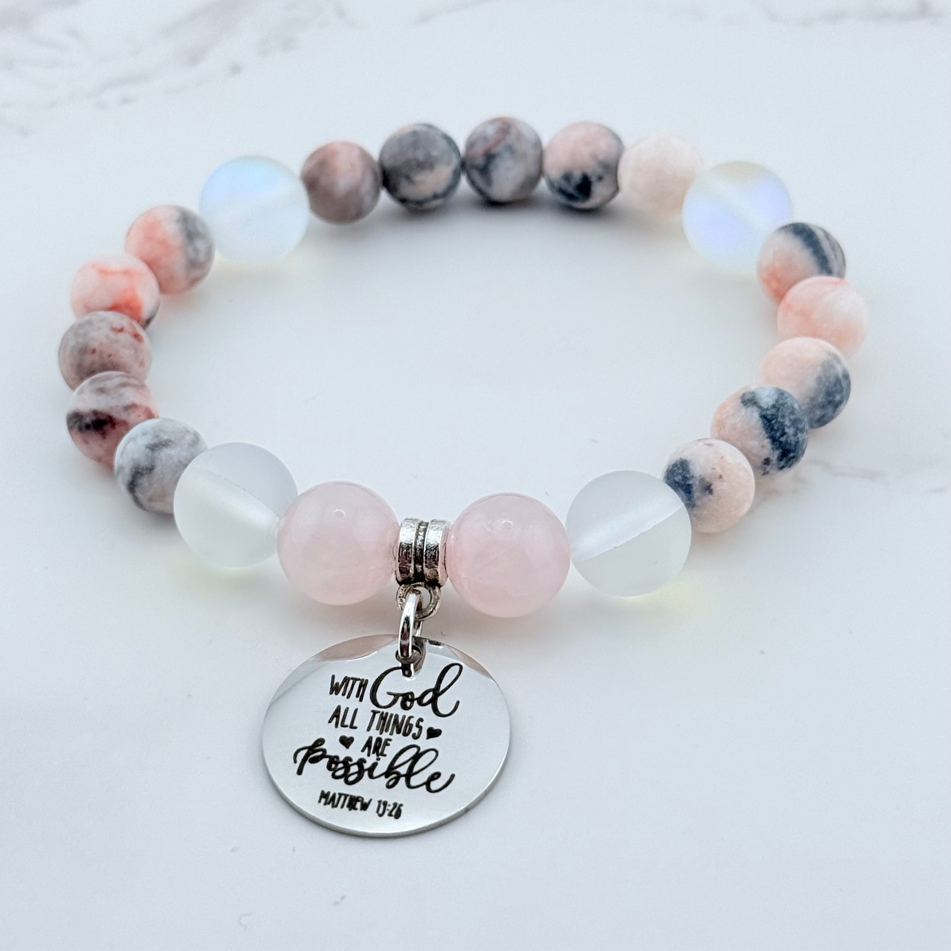 With God All Things are Possible Classic Charm Bracelet Rose Quartz