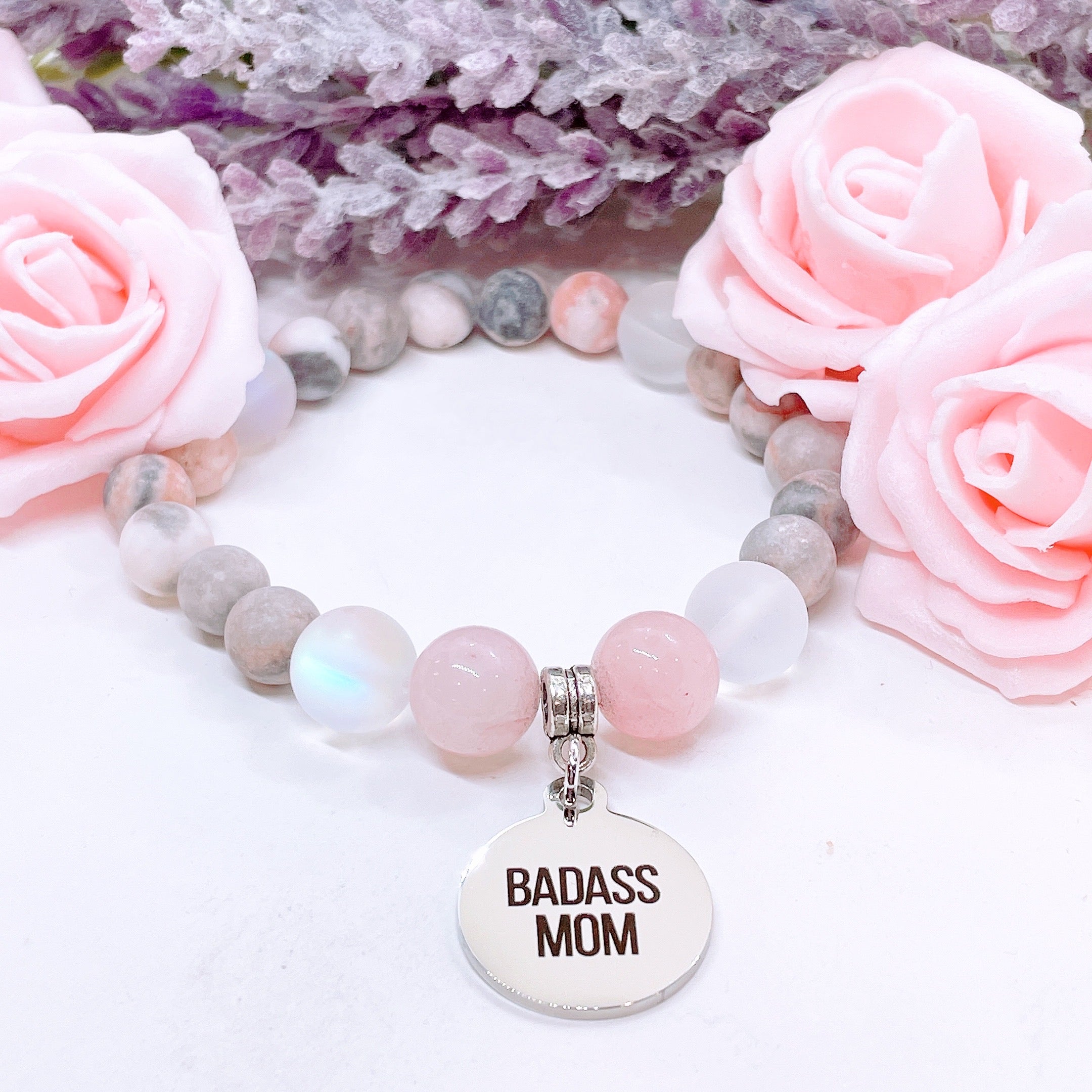 Badass Mom Charm Bracelet Rose Quartz
