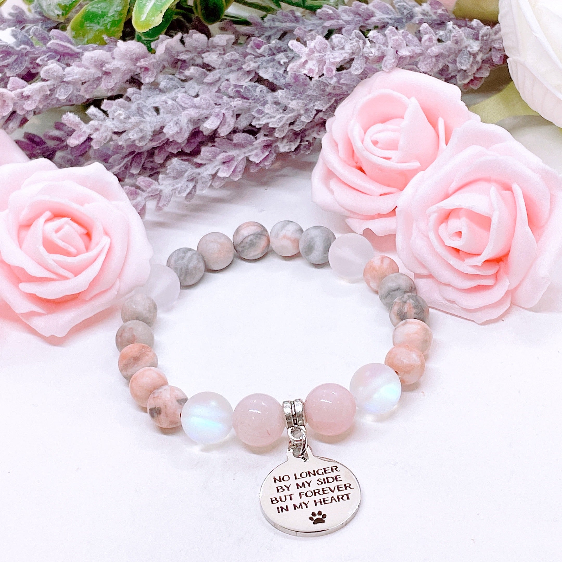 No Longer By My Side but in My Heart Forever ( Pet Paw) Classic Charm Bracelet Rose Quartz