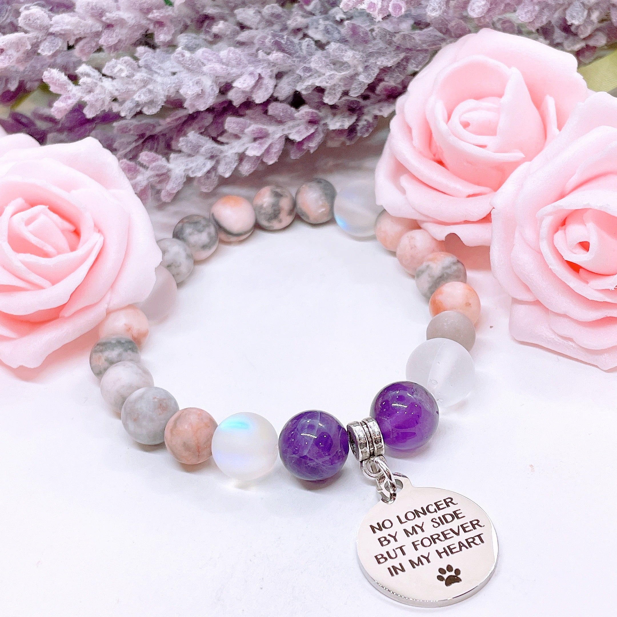 No Longer By My Side but in My Heart Forever ( Pet Paw) Classic Charm Bracelet Amethyst