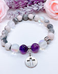 Silver Hollow Cross Classic Charm Bracelet Amethyst