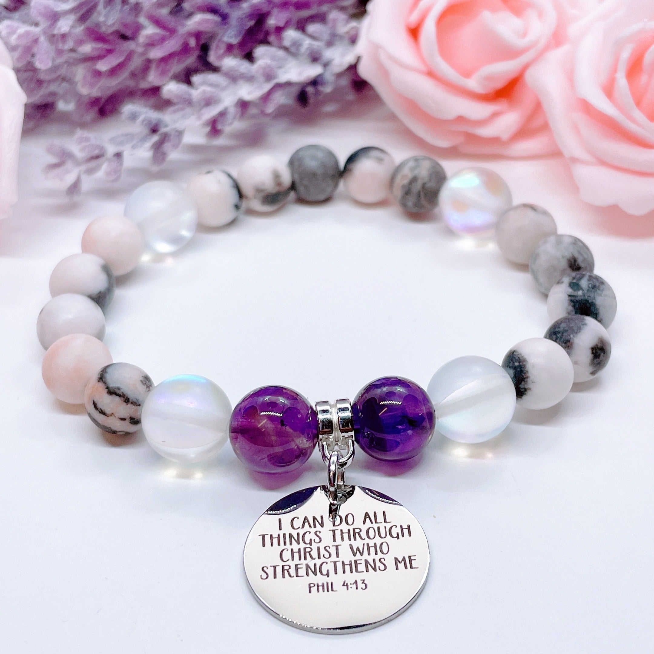 I Can do all Things Through Christ who Strengthens Me Charm Bracelet Amethyst