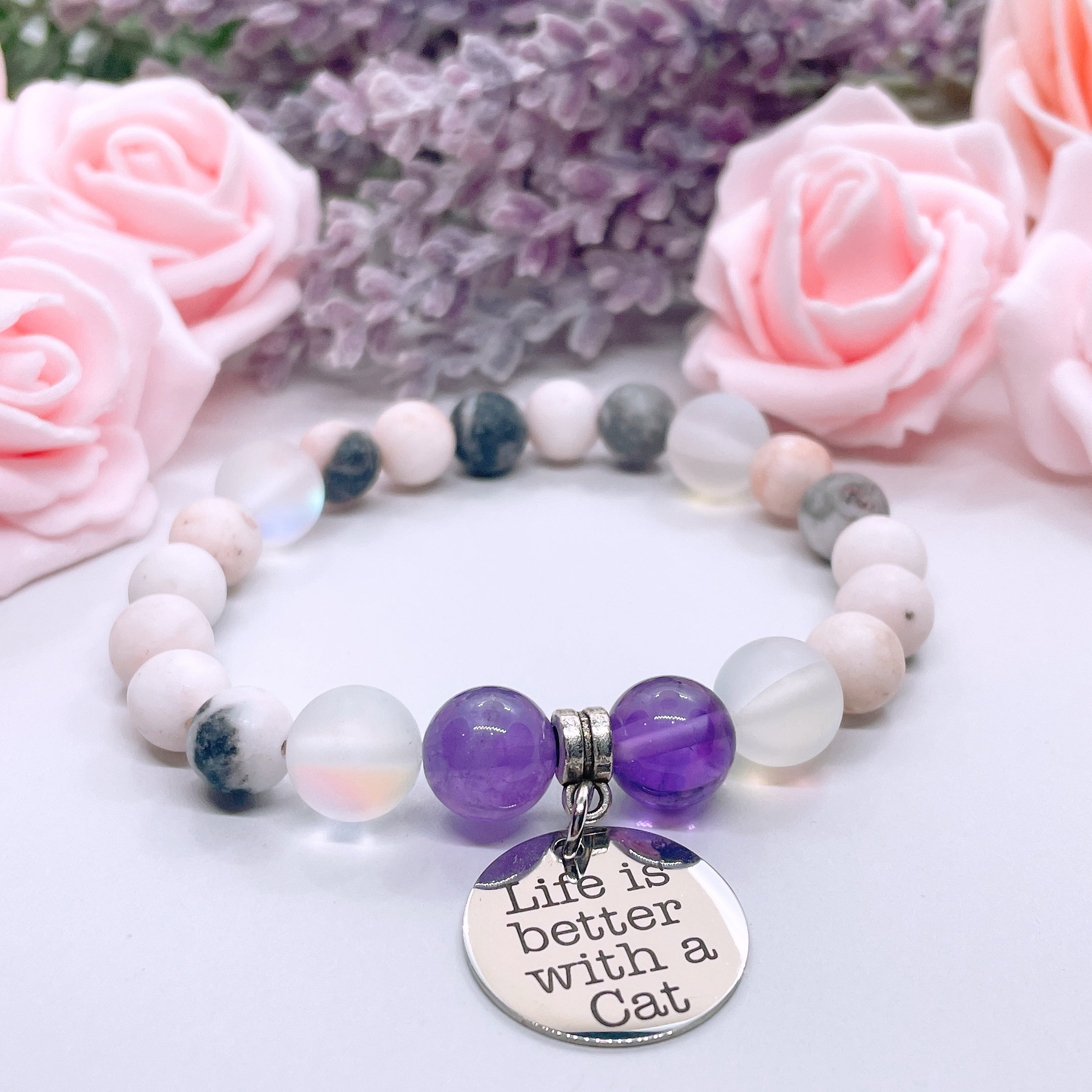 Life is Better with a Cat Charm Bracelet Amethyst