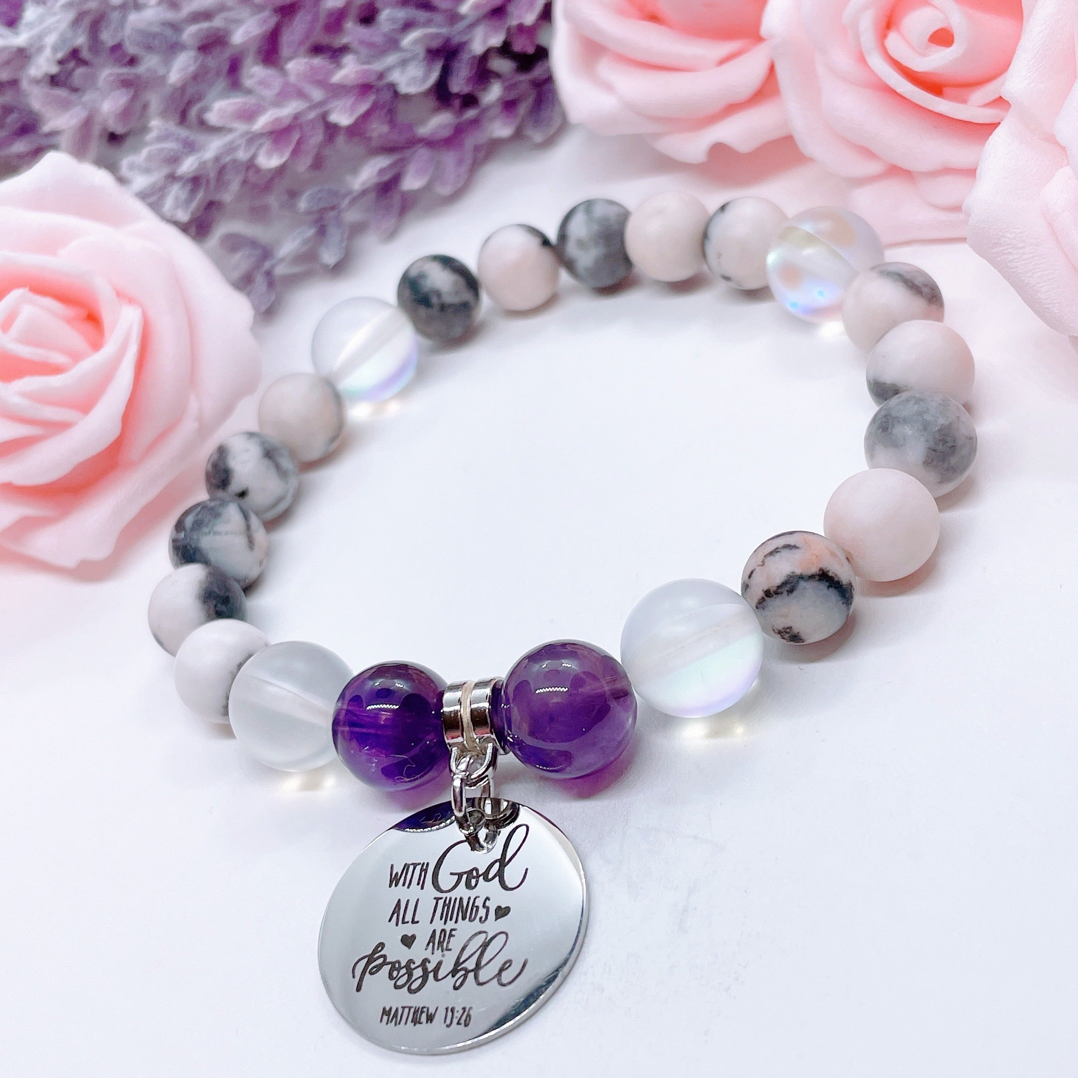 With God All Things are Possible Charm Bracelet Amethyst