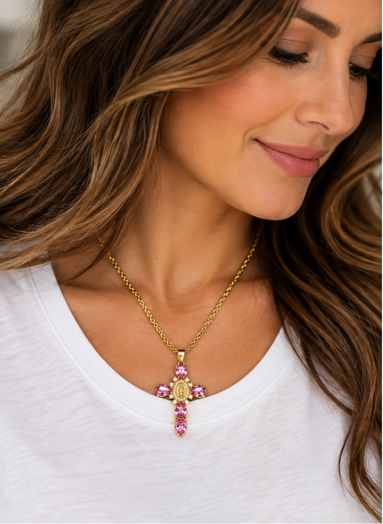 Grace in Bloom Pink Crystal Cross Necklace
