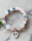 Rhinestone Heart Classic Charm Bracelet Rose Quartz