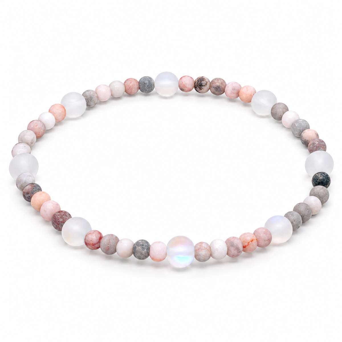 A beaded stretch bracelet made of round gemstone beads in soft pink, white, gray, and peach tones, arranged in a circle on a plain white background.
