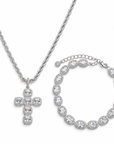 Silver-tone cross pendant necklace and matching bracelet set, both adorned with clear pavé stones, shown on a plain white background.