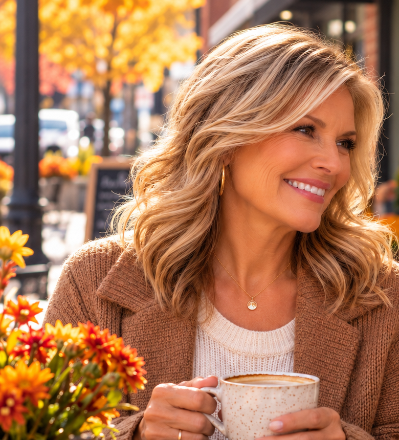 A women smiling and holding mugs at an outdoor patio table, with autumn trees, flowers, and a small pumpkin in the background.