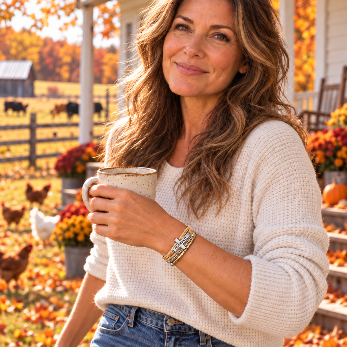 A woman in a cozy cream knit sweater and blue jeans stands outdoors on a porch holding a ceramic mug. She is wearing a gold-toned beaded bracelet with a silver-toned cross charm.