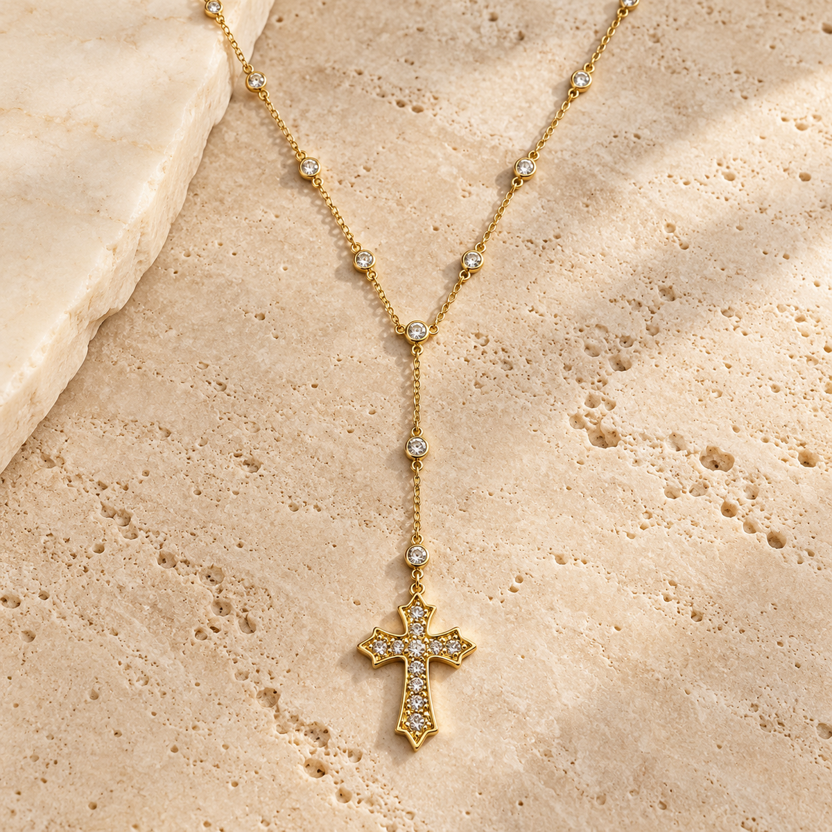 Walk in Grace Gold Rhinestone Cross Y Necklace