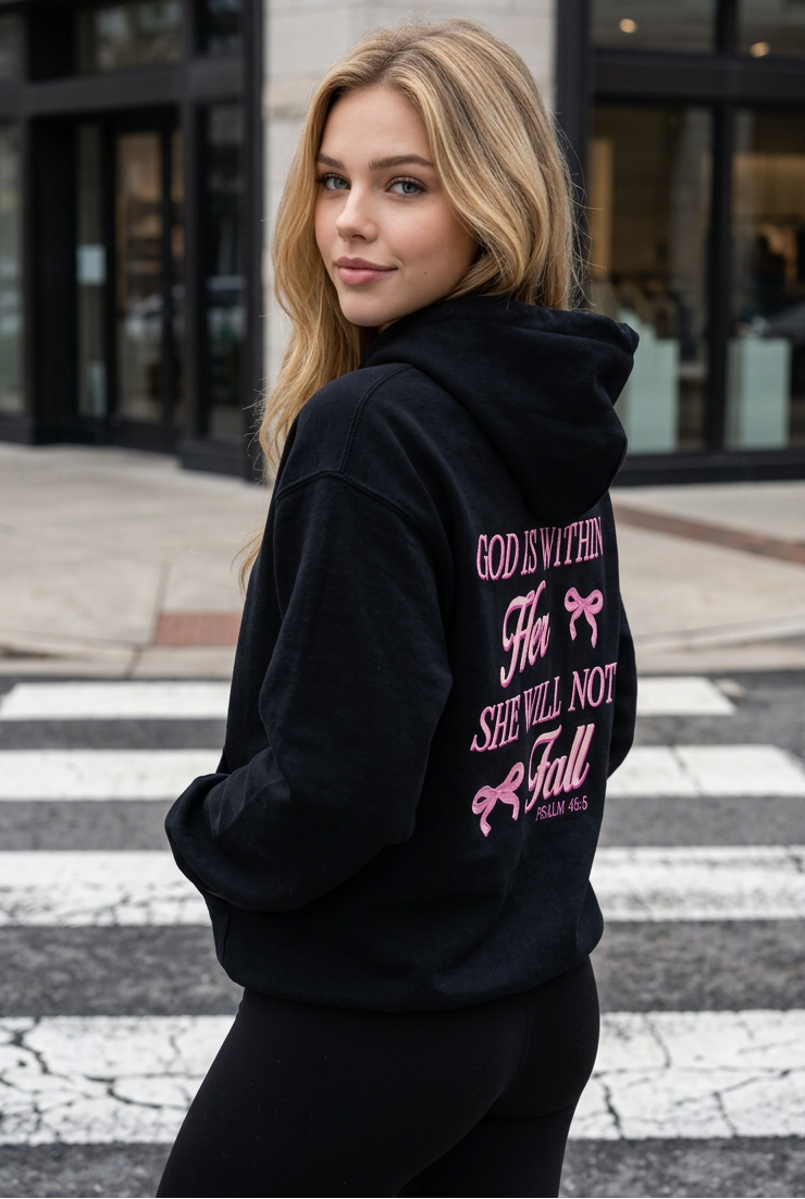 Woman wearing a black hoodie with pink text on a city street