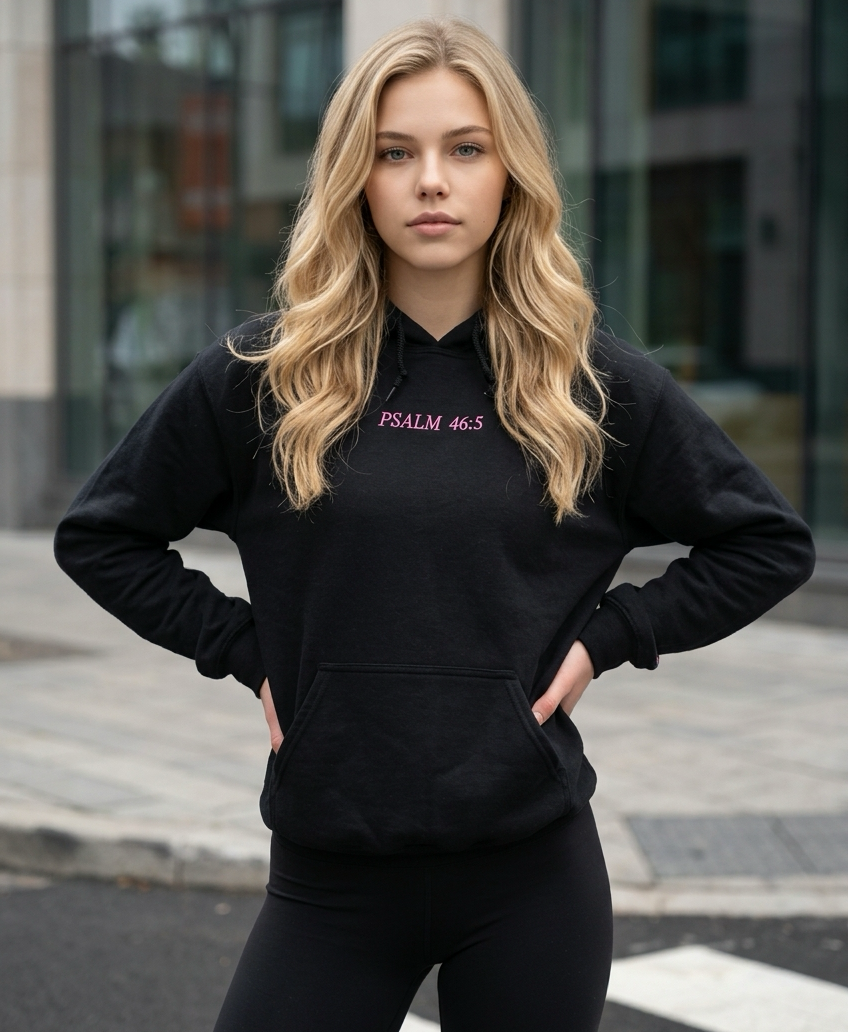 Woman wearing a black hoodie with text, standing on a street.