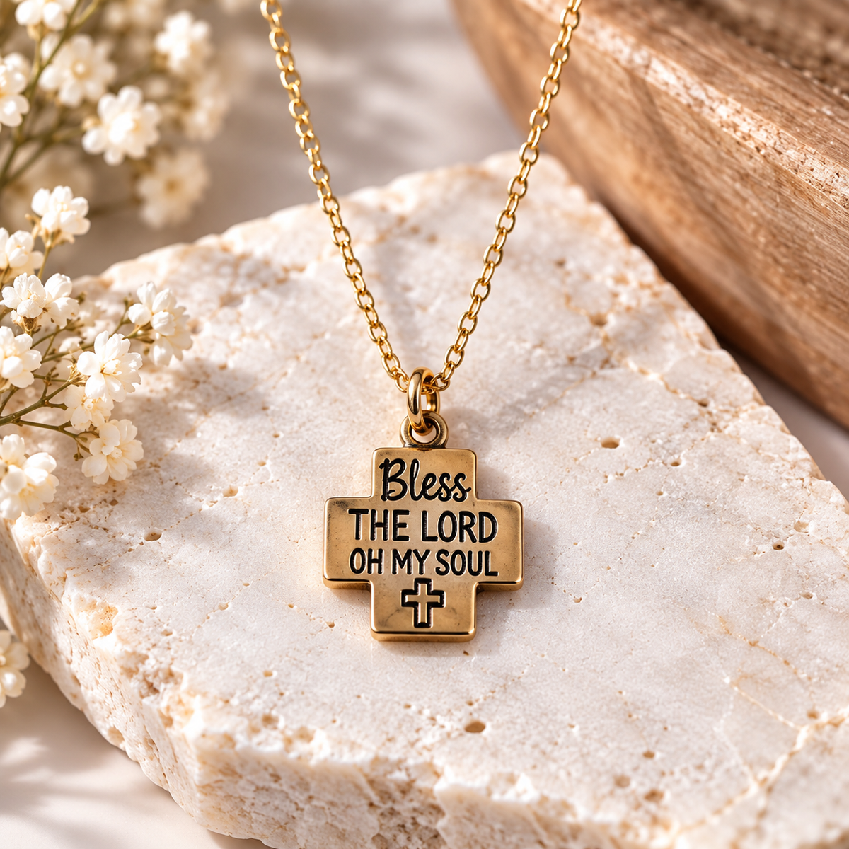 A gold cross pendant necklace with the engraved text 'Bless THE LORD OH MY SOUL' and a small cross at the bottom, displayed on a textured white stone with small white flowers and a wooden bowl in the background.