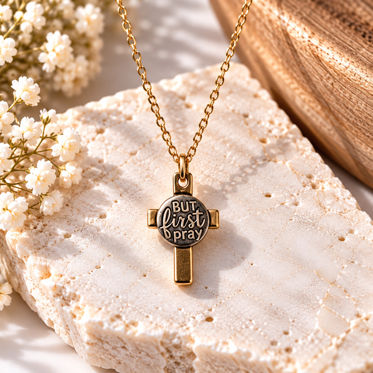 But First Pray Gold Cross Necklace