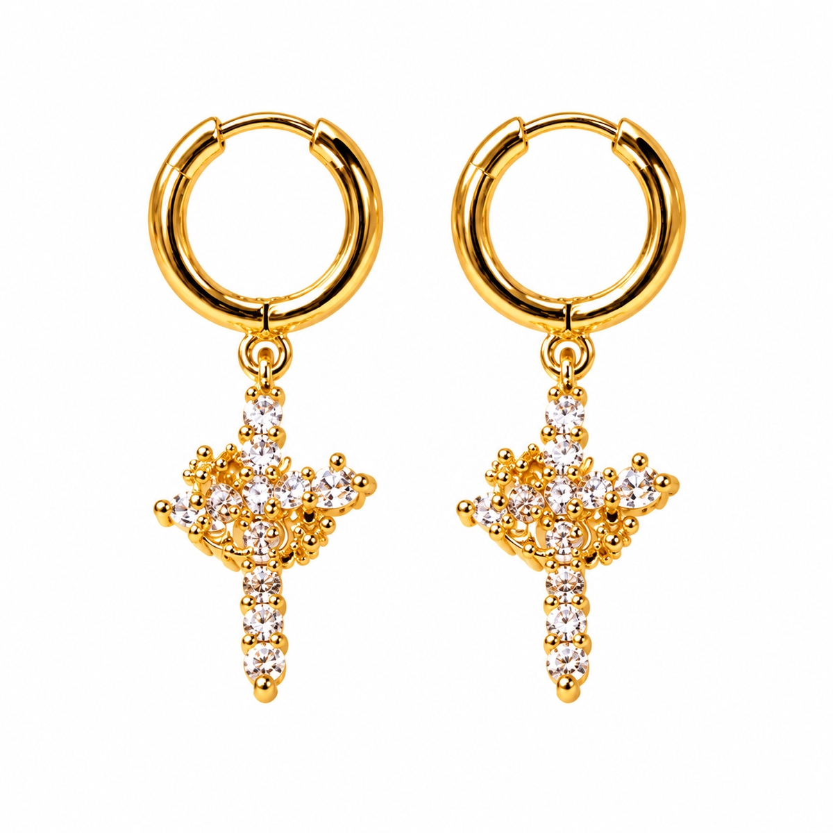 Crowned in Faith Gold Rhinestone Cross Hoop Earrings