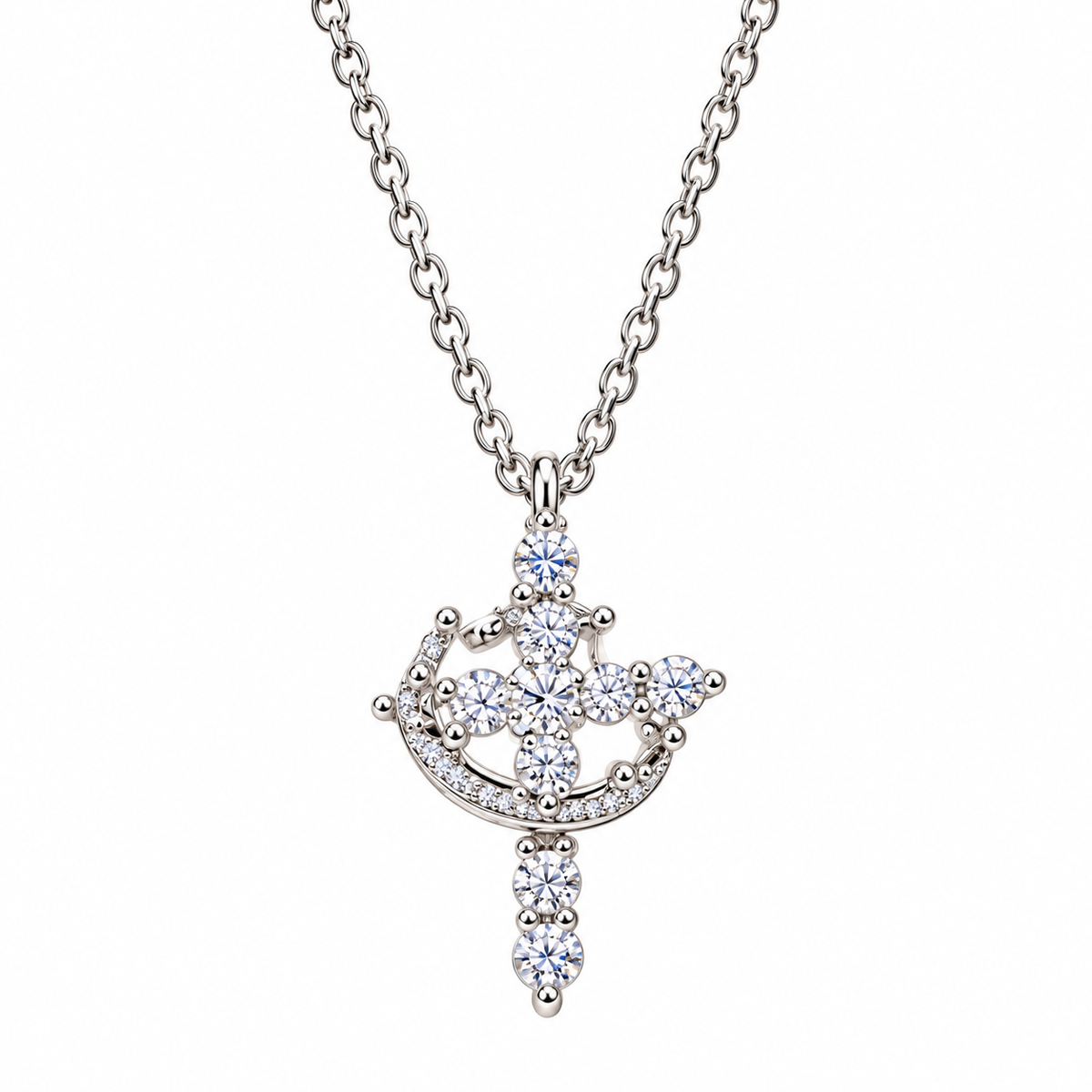 A silver-toned cross pendant necklace adorned with clear crystals, suspended from a matching link chain against a plain white background.