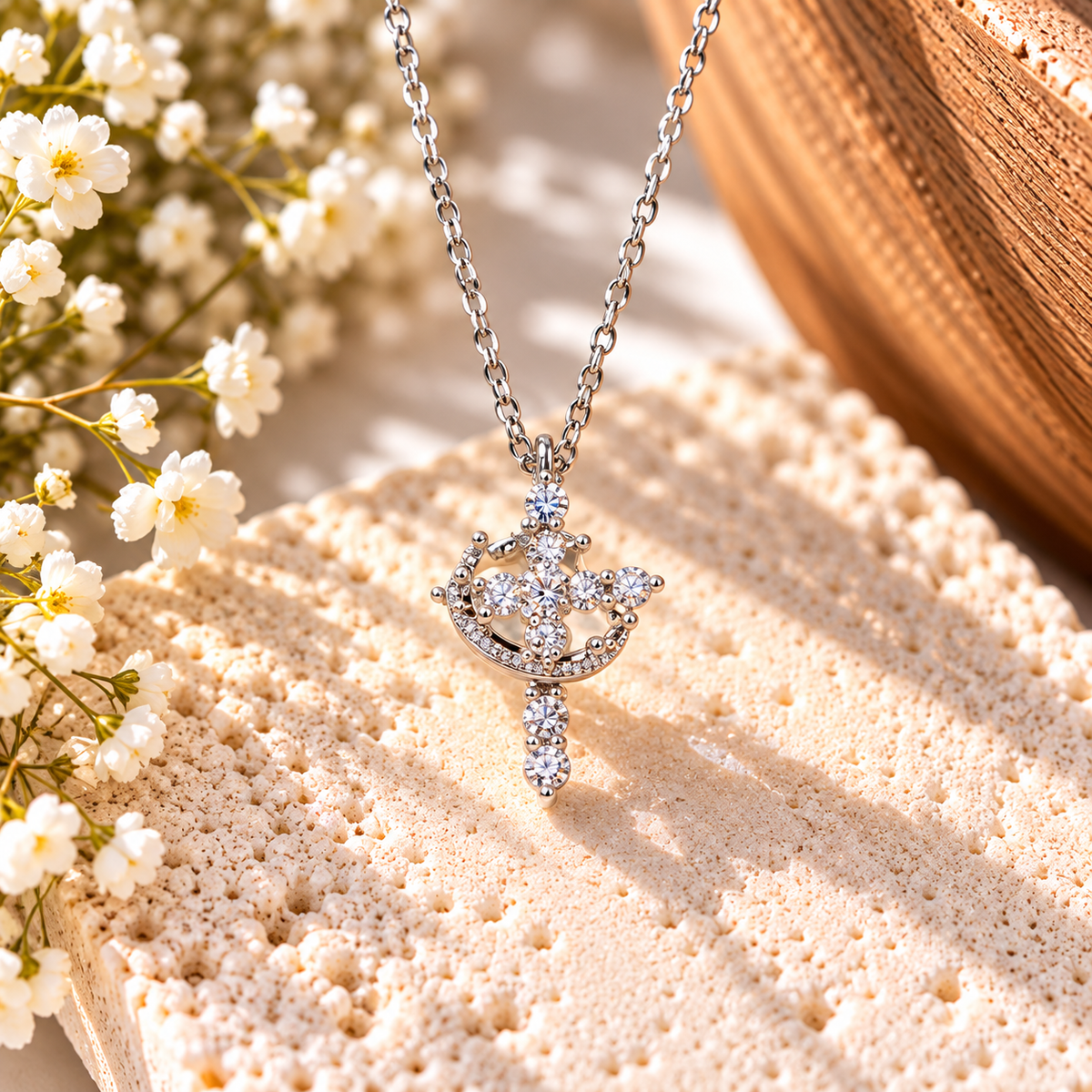 A silver-toned cross pendant necklace adorned with sparkling clear stones, resting on a textured beige stone surface next to small white flowers.