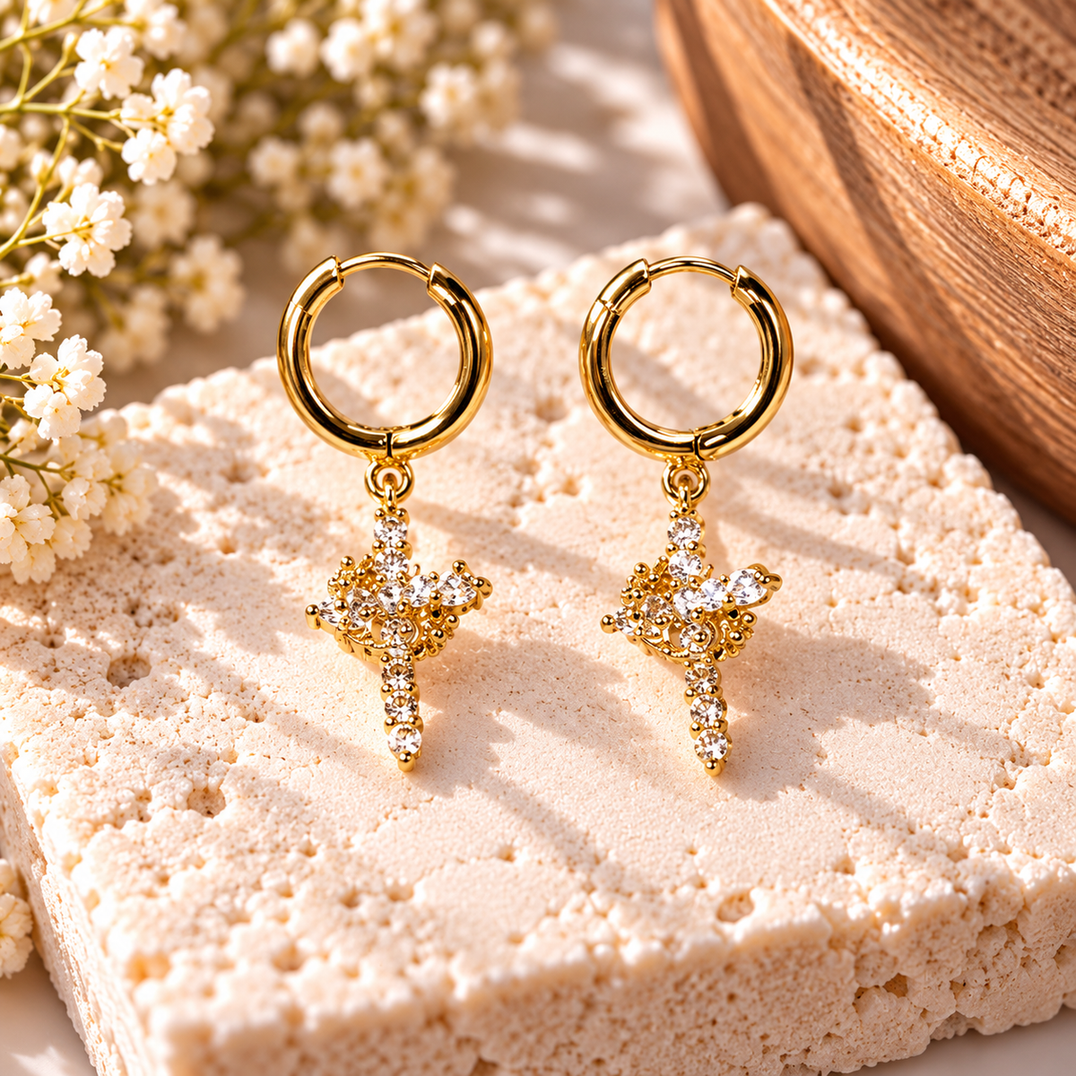 Crowned in Faith Gold Rhinestone Cross Hoop Earrings