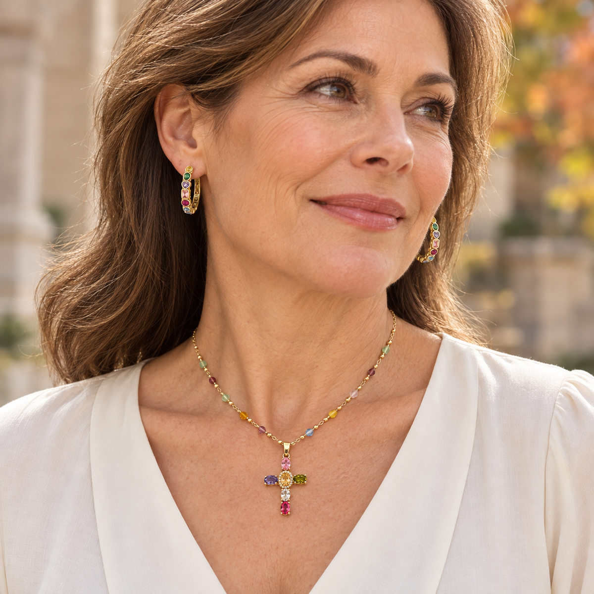 Joyful Faith Gold Multicolor Cross Necklace &amp; Hoop Earring Set