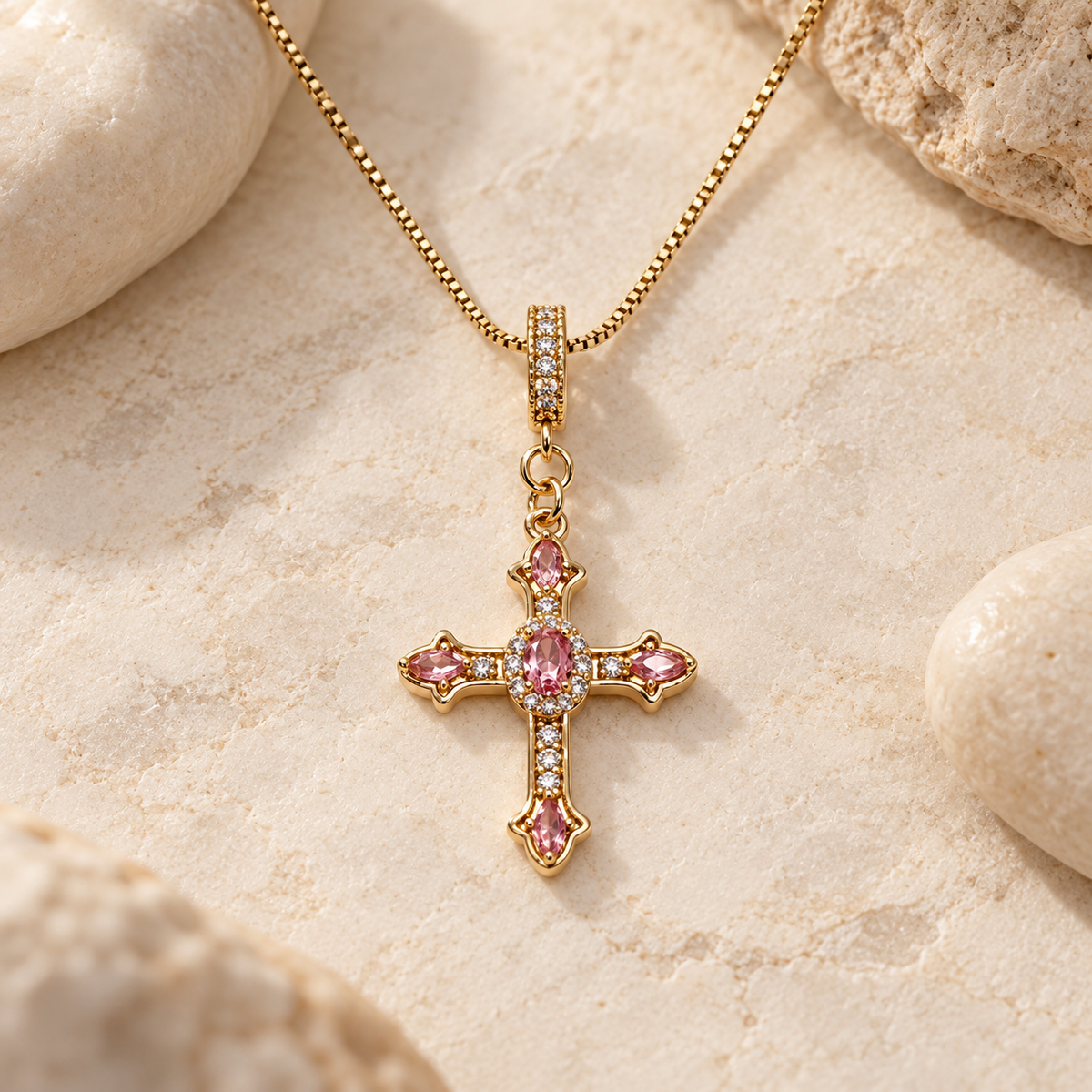 Grace in Bloom Pink &amp; Gold Cross Necklace