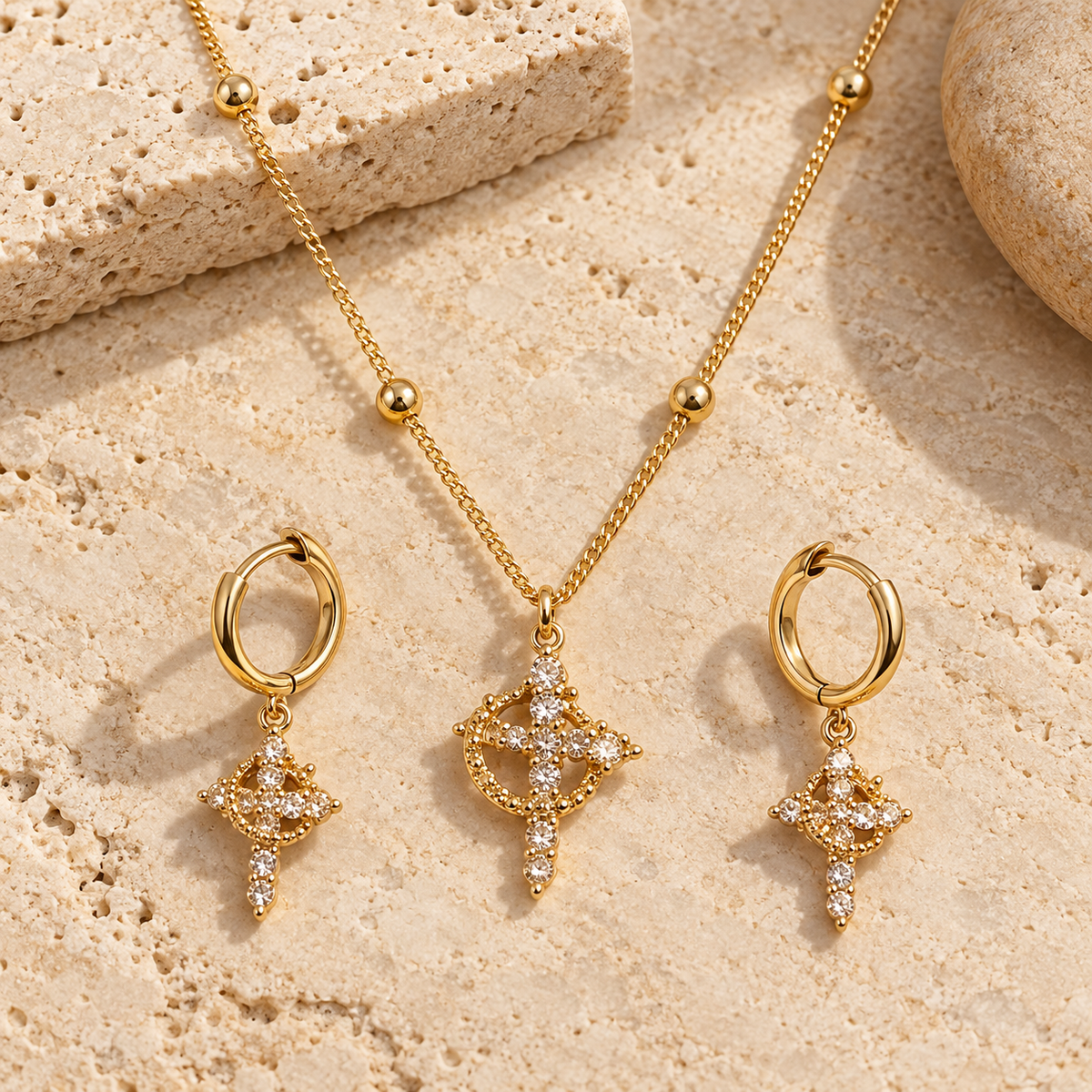 Crowned in Faith Gold Cross Necklace &amp; Earring Set